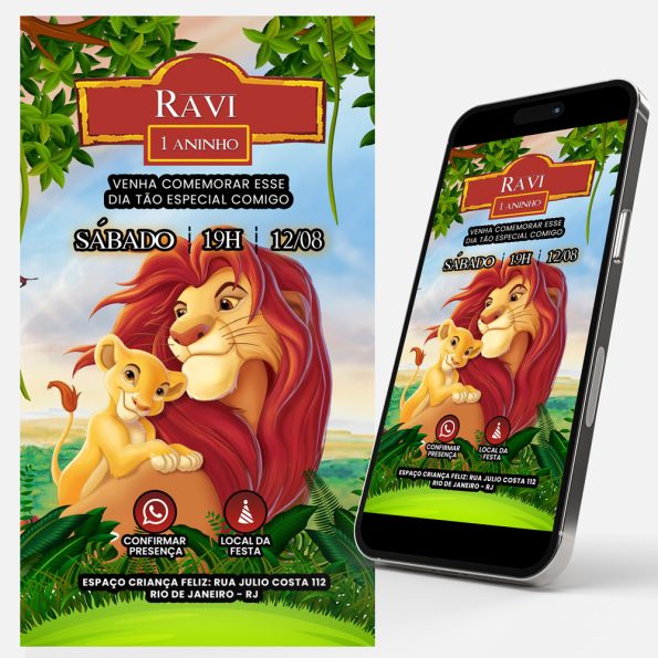 convite aniversario rei leão digital/virtual