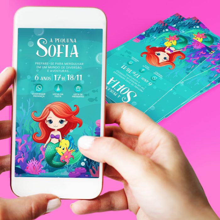 Convite digital pequena sereia (1) Convite Digital Pequena Sereia V2 em formato otimizado para celulares, com design encantador e botões interativos, ideal para festas temáticas.