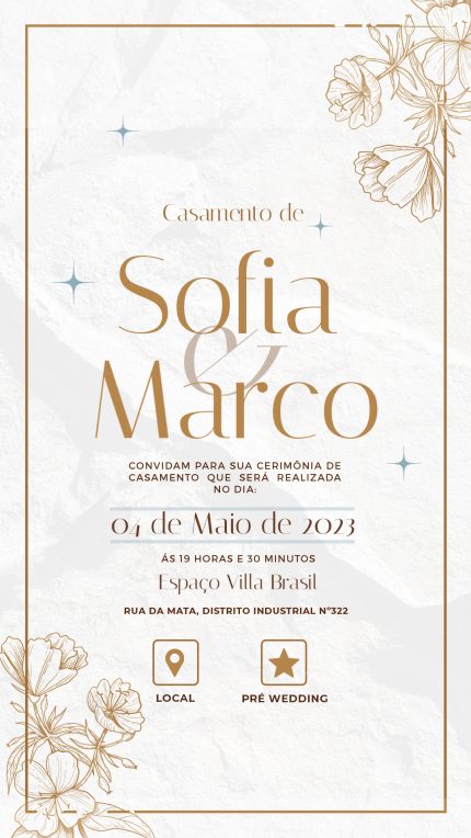 Convite de casamento digital elegante com design personalizado, perfeito para celebrar o grande dia. Inclui informações sobre a cerimônia, local e RSVP de forma prática e moderna.