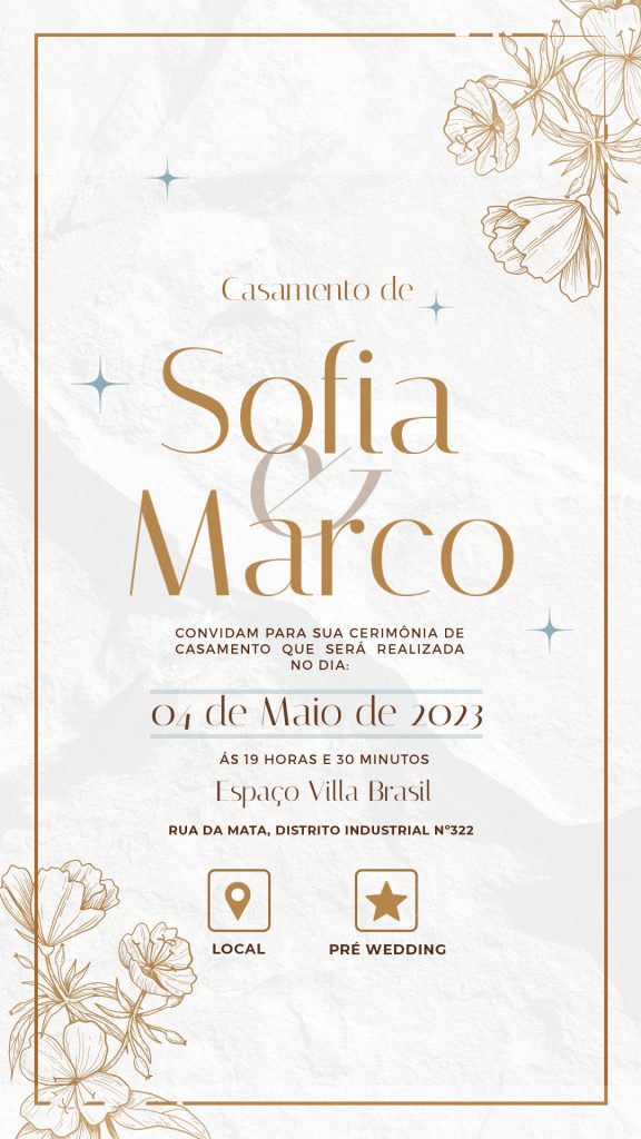Convite de casamento digital elegante com design personalizado, perfeito para celebrar o grande dia. Inclui informações sobre a cerimônia, local e RSVP de forma prática e moderna.