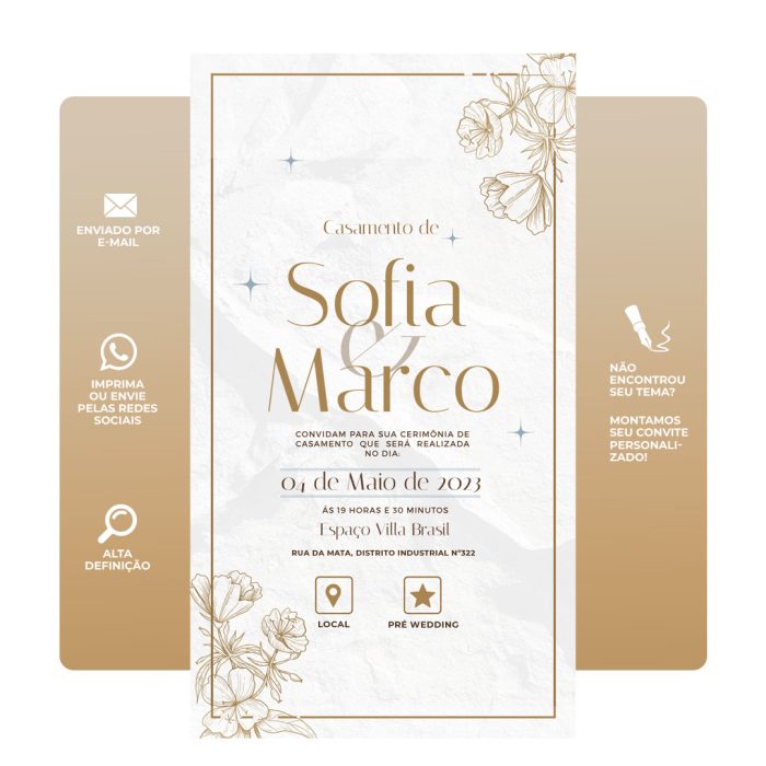 Convite de casamento digital elegante com design personalizado, perfeito para celebrar o grande dia. Inclui informações sobre a cerimônia, local e RSVP de forma prática e moderna.