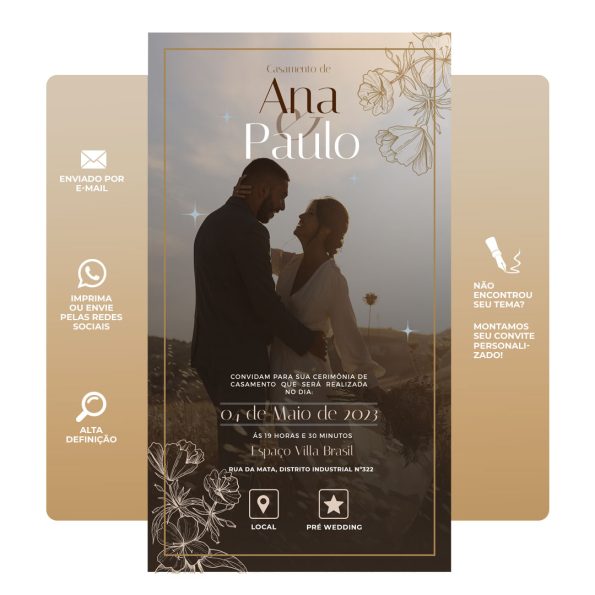 Convite de casamento digital elegante com design personalizado, perfeito para celebrar o grande dia. Inclui informações sobre a cerimônia, local e RSVP de forma prática e moderna.