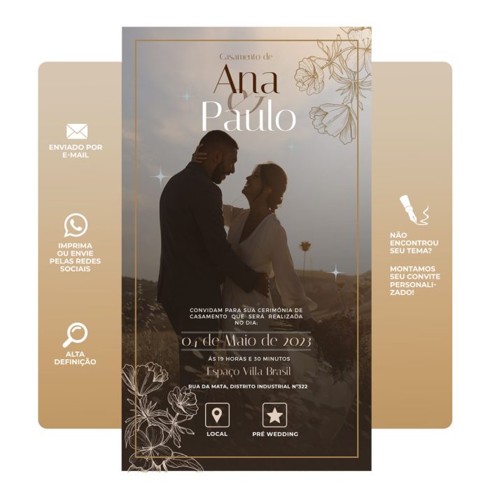 Convite de casamento digital V2 Convite de casamento digital elegante com design personalizado, perfeito para celebrar o grande dia. Inclui informações sobre a cerimônia, local e RSVP de forma prática e moderna.