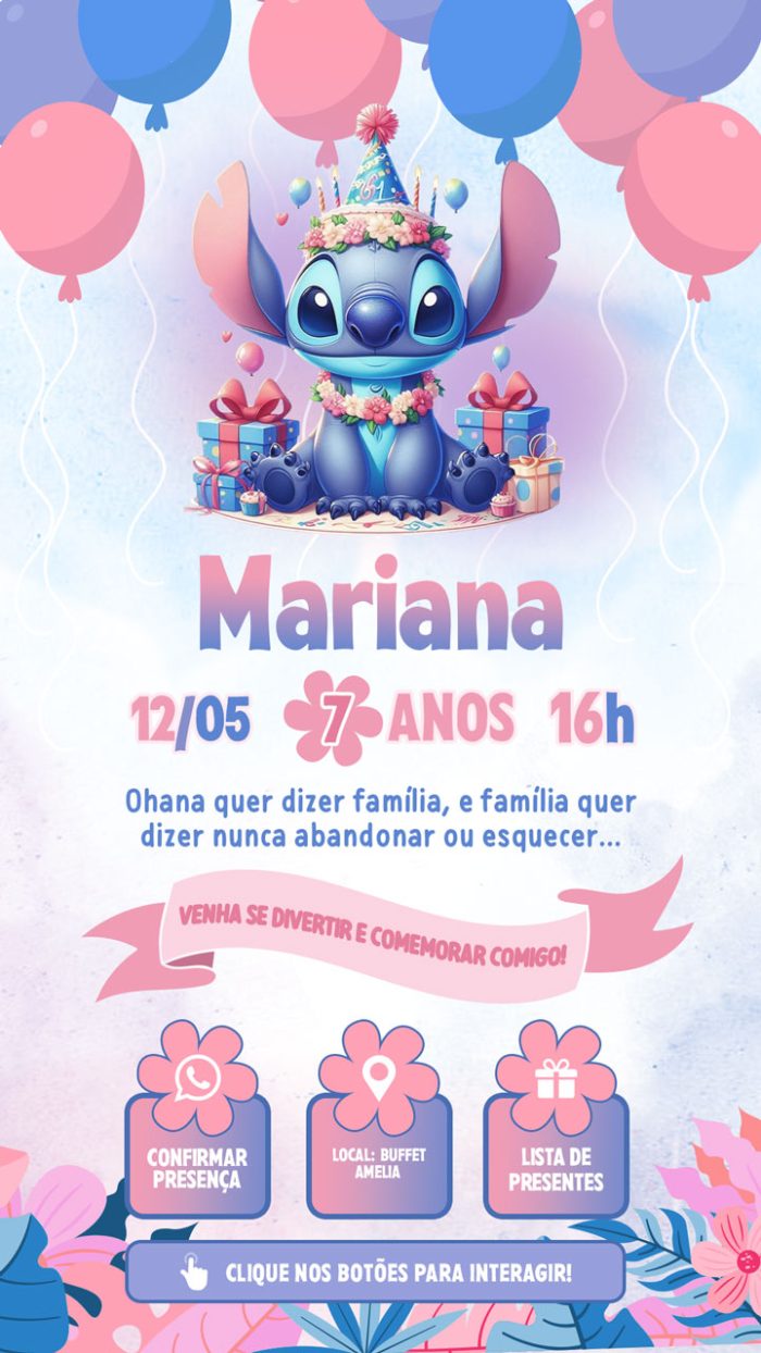 Convite de aniversário virtual Stitch