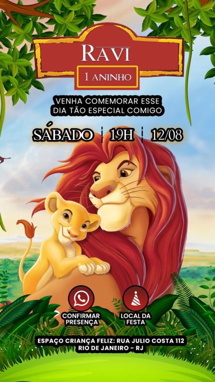 convite aniversario virtual rei leão