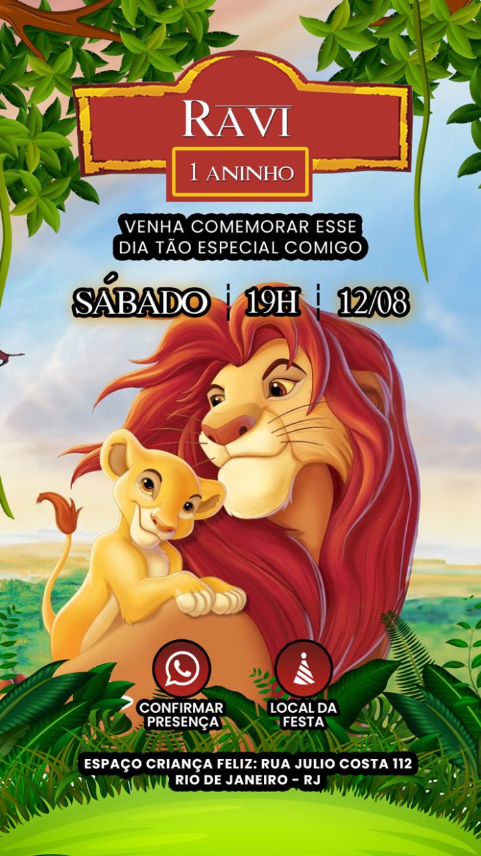 convite aniversario virtual rei leão