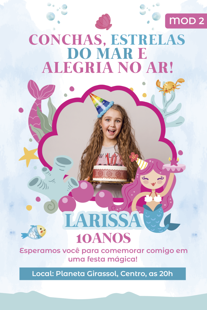 Convite digital tema sereia para aniversário, enviado por WhatsApp, com design personalizado e botões interativos.
