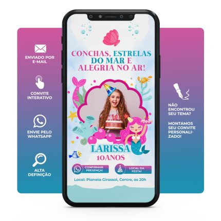 Convite digital tema sereia para aniversário, enviado por WhatsApp, com design personalizado e botões interativos.