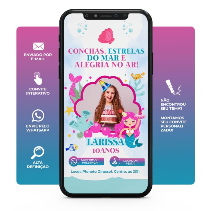Convite digital tema sereia para aniversário, enviado por WhatsApp, com design personalizado e botões interativos.